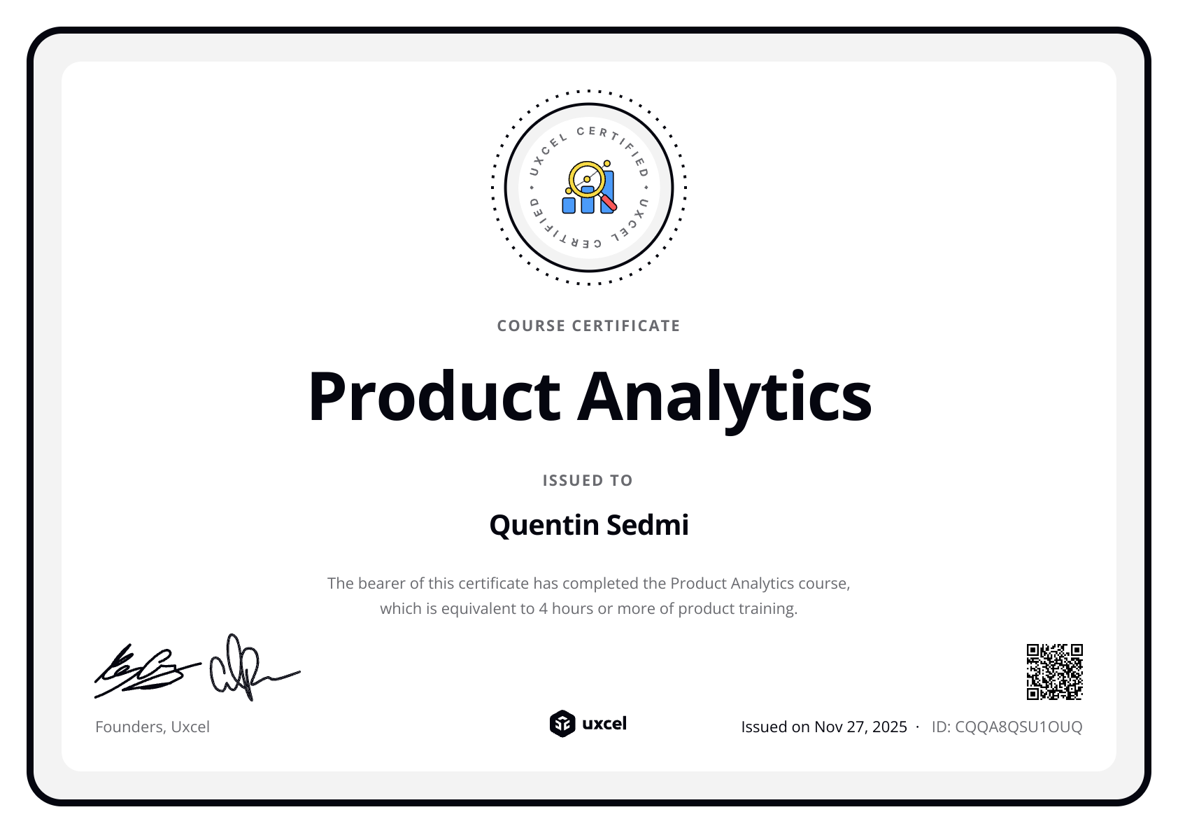 Quentin Sedmi's certificate